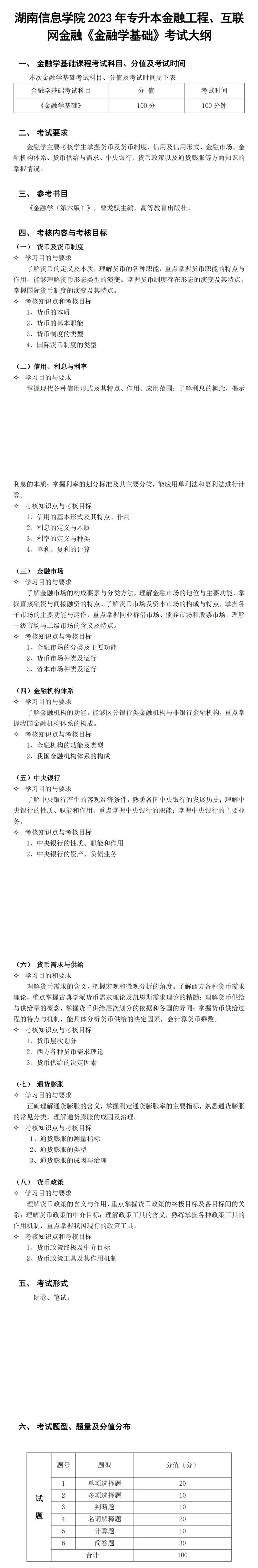 2023年湖南信息學院專升本金融工程專業(yè)《金融學基礎》考試大綱(圖1)